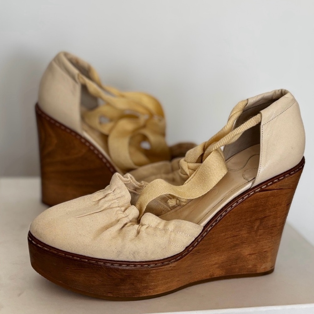 Chloé Cream Canvas Wedge Sandals